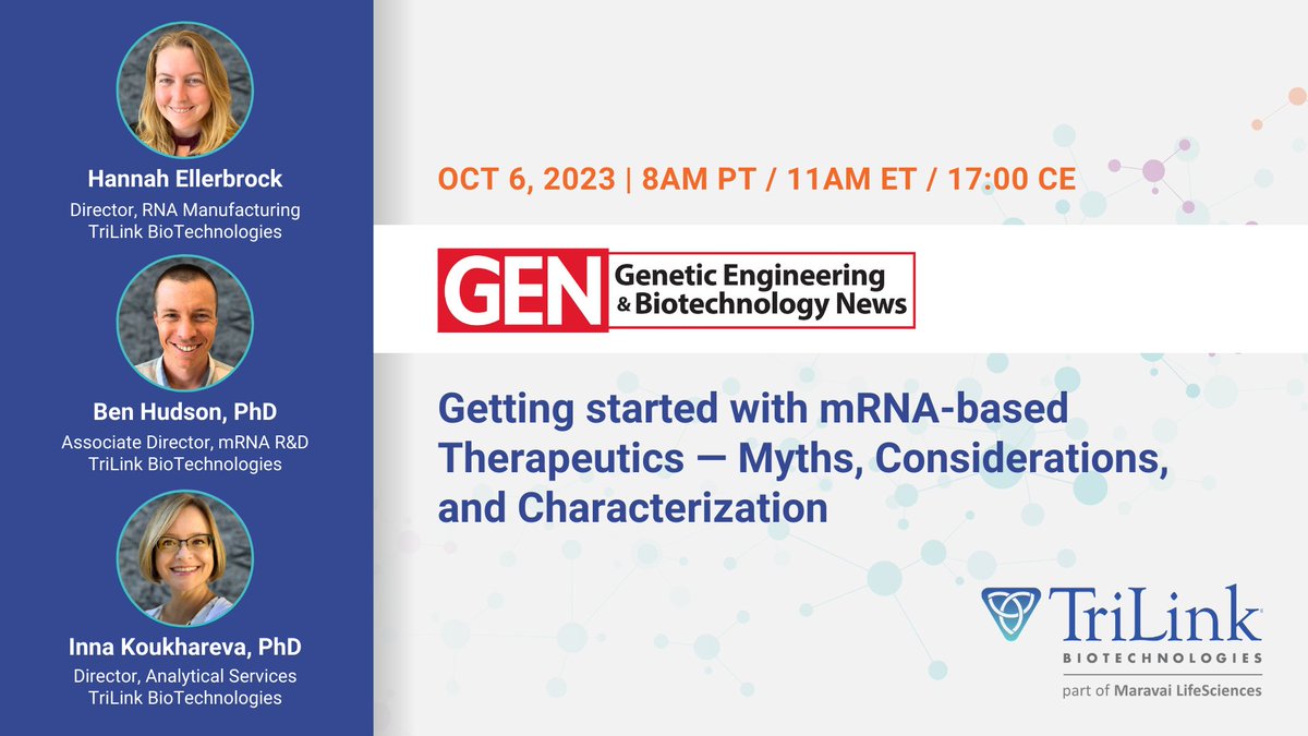 TriLink BioTech (@trilinkbiotech) on Twitter photo Explore the future of mRNA-based #therapeutics at our roundtable, "Getting started with mRNA-based therapeutics." hosted by <a href="/GENbio/">Genetic Engineering & Biotechnology News</a> . Join us for an engaging discussion with our expert panelists to expand your knowledge in this cutting-edge field.
workcast.com/register?cpak=… Explore the future of mRNA-based #therapeutics at our roundtable, "Getting started with mRNA-based therapeutics." hosted by <a href="/GENbio/">Genetic Engineering & Biotechnology News</a> . Join us for an engaging discussion with our expert panelists to expand your knowledge in this cutting-edge field.
workcast.com/register?cpak=…