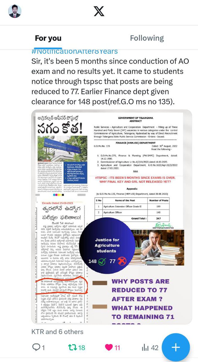SAISHIVA0086's tweet photo. @KSrinidhi2808 @KTRBRS @BRSHarish @SingireddyBRS Respected @KTRBRS  sir @BRSHarish  sir,@SingireddyBRS sir, it is requested not to reduce 148 posts of Agriculture officer to 77, the exam of Tspsc Ao was conducted during May-2023, so many aspirants have been preparing since 2 years nd suddenly reducing posts would be injustice. https://t.co/Nz7KrTbltW