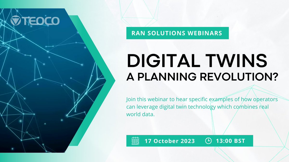 Don't forget to secure your spot at TEOCO's upcoming RAN solutions webinar on 'Digital Twins - A Planning Revolution'! 

Register your interest here > bit.ly/48oyKmg
#digitaltwins #ransolutions #telcoevents #telecom