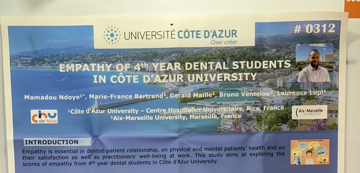 Excited to be at the International Association for Dental Research Congress to share the kickoff of my study on empathy of dental #students from Nice based on their entry paths 🦷 

Let’s explore the human side of dentistry ! #CEDIADR2023 #DentalResearch