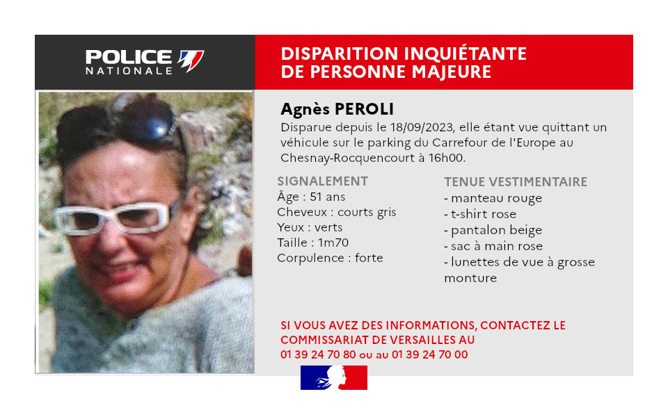 [#AppelÀTémoins] Merci de vos RT afin d'aider les enquêteurs de <a href="/PoliceNat78000/">Commissariat de Versailles</a> à retrouver la nommée Agnès PEROLI, disparue depuis le 18/09/2023 à <a href="/VilleduChesnayR/">Le Chesnay-Rocquencourt</a>.