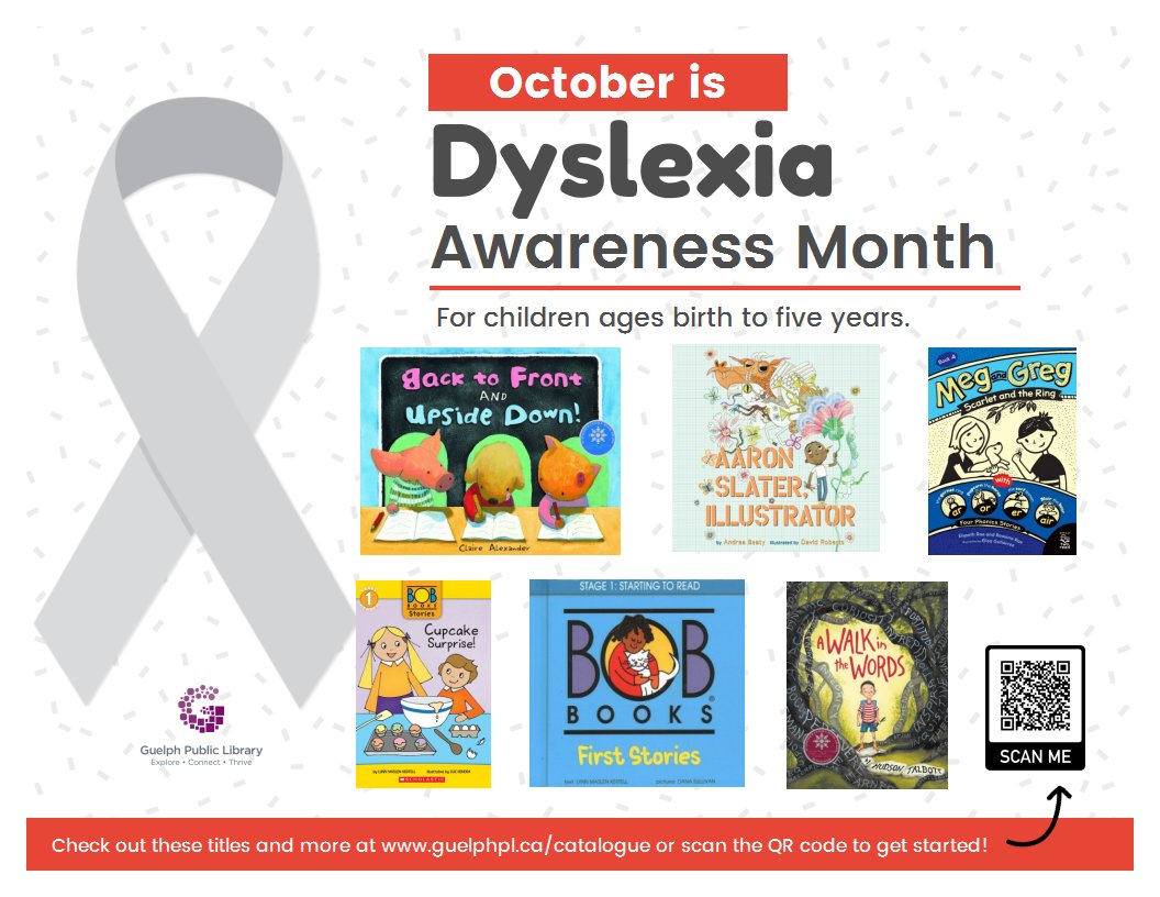 October is Dyslexia Awareness Month!
Resources for preschoolers: tinyurl.com/yc4vkw6c
Resources for children:
tinyurl.com/25am5u9k
Questions? Email our Librarians at askus@guelphpl.ca 
#readoctober #DyslexiaAwareness #dyslexia #dyslexiafriendly #decodeablebooks
