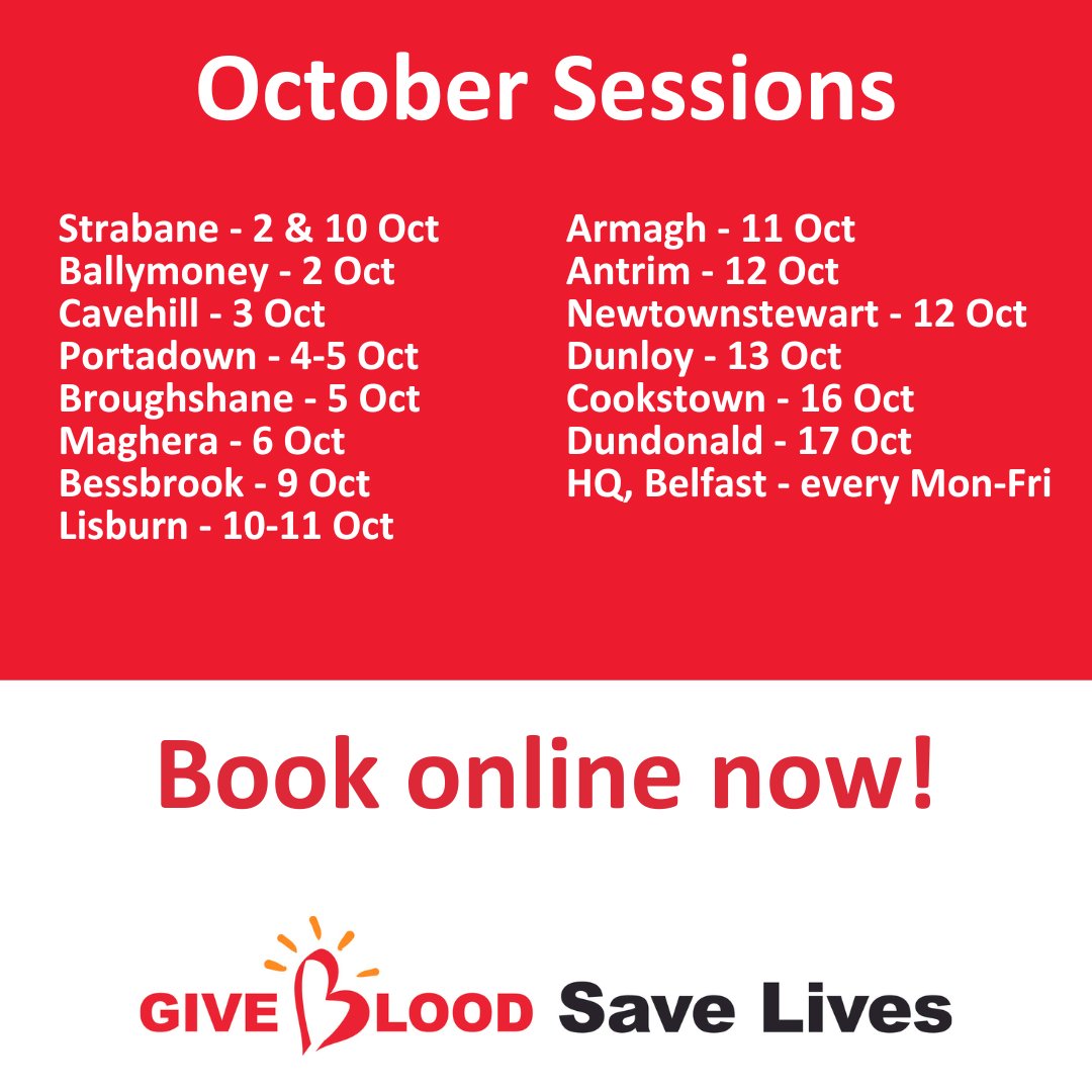 GiveBloodNI's tweet photo. Book online now to join us at any of these community #blooddonation sessions in October  - https://t.co/HBaMXJqM50  
Remember, you can also #giveblood Mon-Fri at our HQ, #Belfast City Hospital with free parking 👍
Give blood, save lives 🩸❤️
#giveback #lifesaver #northernireland https://t.co/ngrqSKb6eu