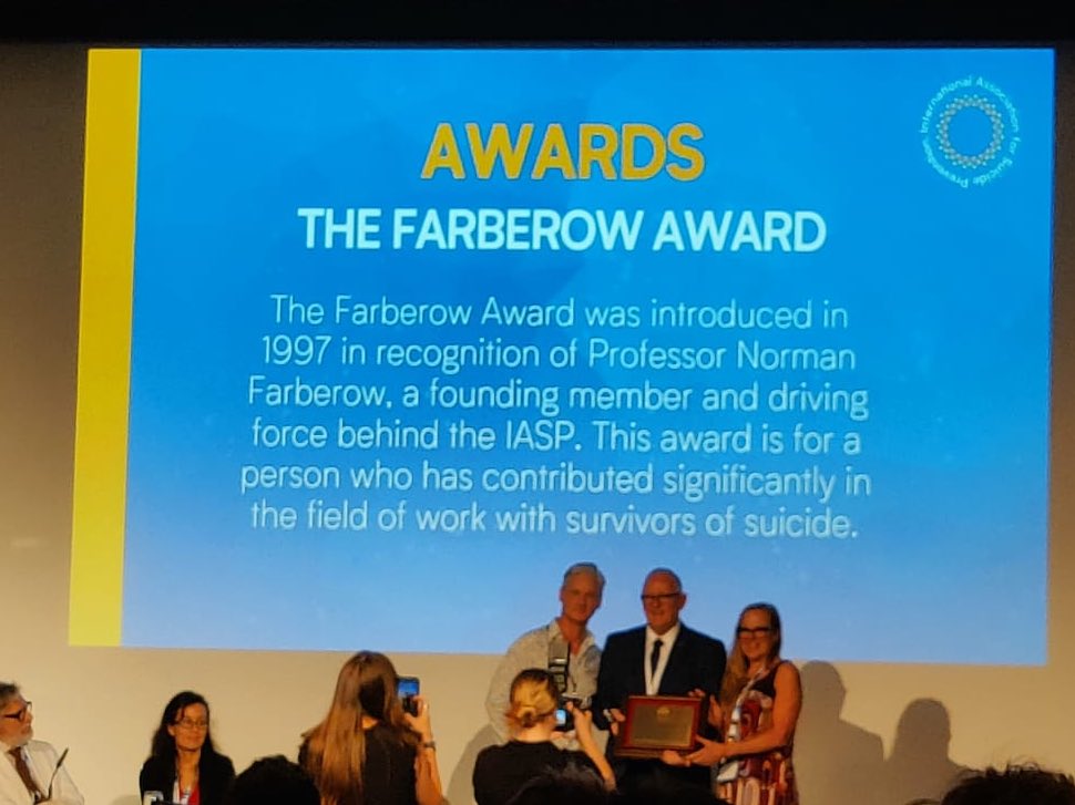 At the closing ceremony of @IASPinfo delighted to see our colleague Barry McGale receive the Farberow Award for his contribution to suicide bereavement. Barry has been instrumental in developing the field not just in Ireland but around the world #IASPPIRAN2023