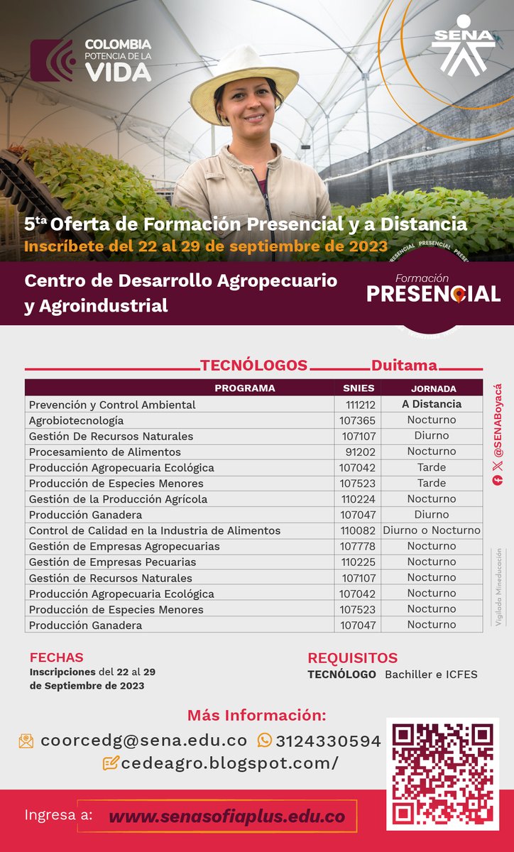SENABoyaca's tweet photo. 5ª Oferta de Formación, entérate de los programas en Tecnología de los Centros de Formación
#CIMM Actividad Física
#Cedeagro Prevención y Control Ambiental
#CentroMinero Supervisión de Procesos Mineros
#Cegafe Gestión del Talento Humano
https://t.co/4FOSM4XOub 
#EstudiaEnElSENA https://t.co/GZFIoMp4zj