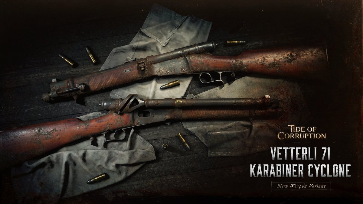 HuntShowdown's tweet photo. A Cyclone Approaches in the Tide of Corruption Event!

This variant of the Vetterli 71, aptly named "Cyclone," features a self-loading mechanism, converting it into a semi-auto rifle, at the cost of reduced magazine capacity and a shorter barrel.

This storm is likely to catch many off guard.🌪️