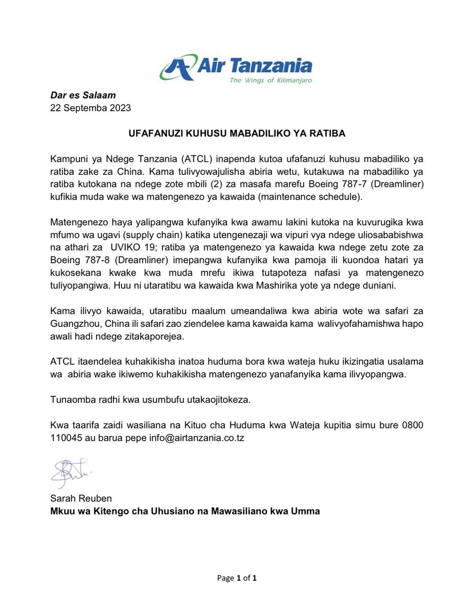 MsigwaGerson's tweet photo. UFAFANUZI kutoka @AirTanzania 
//
Ndugu zangu, wanaopotosha kuhusu matengenezo haya ya kawaida WAACHE. Ni hivi, ukiona shirika la ndege popote Duniani linazingatia matengenezo ya ndege ujue shirika hili lipo makini na linazingatia usalama wa abiria. Bila kufanya matengenezo usalama unakuwa mashaka.

Kudos @AirTanzania kwa umakini na kujali usalama.