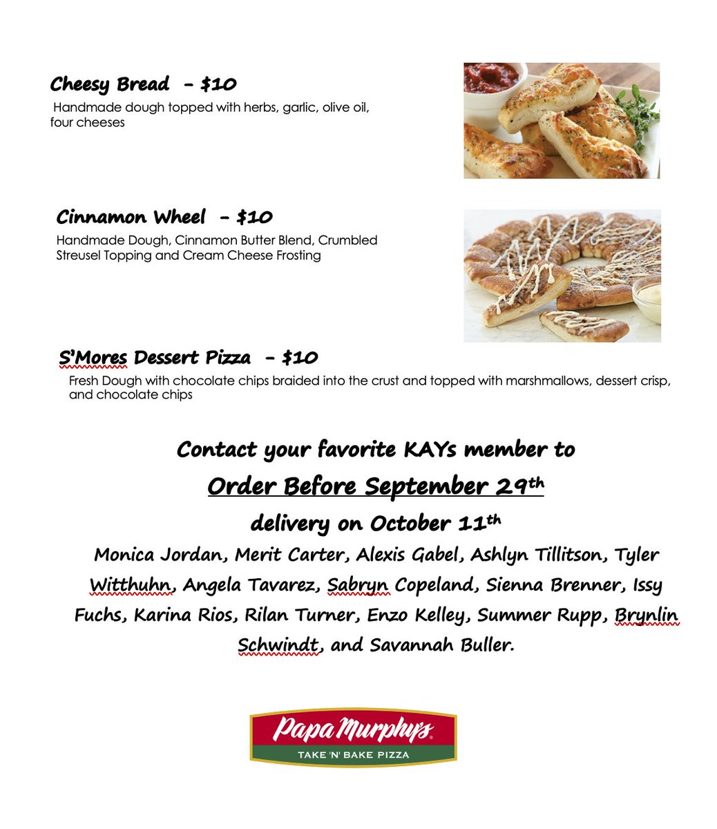 KAY is selling Papa Murphy's Pizza!!! Contact any of the KAY members listed below to order by September 29th! You guys, these pizzas freeze well, too! <a href="/NessCityEagles/">Ness City Jr/Sr High</a>