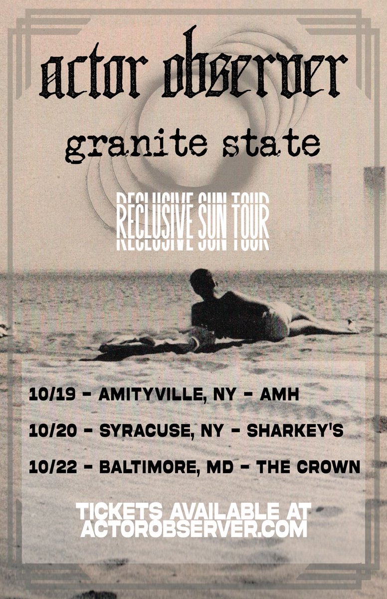GRANITE STATE (@granitestatemd) on Twitter photo Heading out for the “Reclusive Sun” weekender with our good friends <a href="/actorobserver/">ACTOR OBSERVER</a> next month!!
10/19: Amityville, NY - Amityville Music Hall
10/20: Syracuse, NY - Sharkeys
10/22: Baltimore, MD - The Crown (supporting <a href="/johnnyboothNY/">JOHNNYBOOTH</a>) Heading out for the “Reclusive Sun” weekender with our good friends <a href="/actorobserver/">ACTOR OBSERVER</a> next month!!
10/19: Amityville, NY - Amityville Music Hall
10/20: Syracuse, NY - Sharkeys
10/22: Baltimore, MD - The Crown (supporting <a href="/johnnyboothNY/">JOHNNYBOOTH</a>)