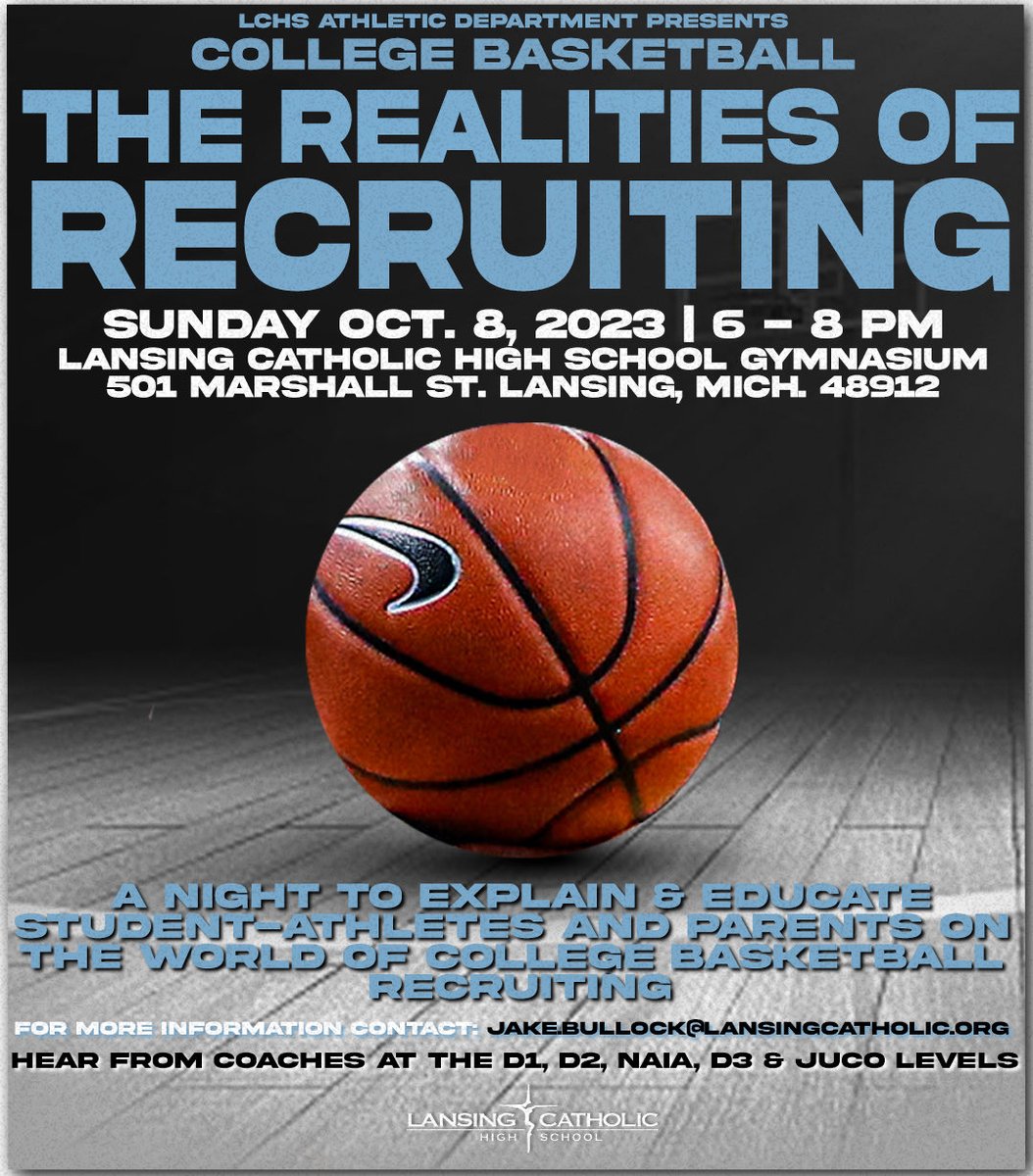 Super excited to announce we once again will be holding our FREE College Basketball Recruiting Seminar! It will have college basketball coaches from every level there to explain the world of recruiting. Sunday Oct 8th from 6-8pm at Lansing Catholic!