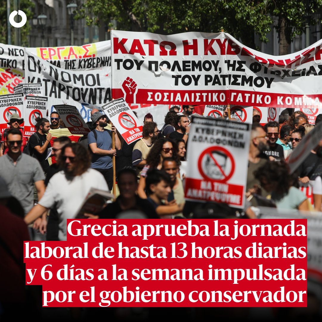 eldiarioes's tweet photo. ‼️ Grecia aprueba la jornada laboral de hasta 13 horas y seis días a la semana impulsada por el gobierno conservador
La reforma del ejecutivo de derechas permite 78 horas de trabajo a la semana si se tiene dos empleadores https://t.co/qkjqqW3KjJ https://t.co/CDRljNqmfF