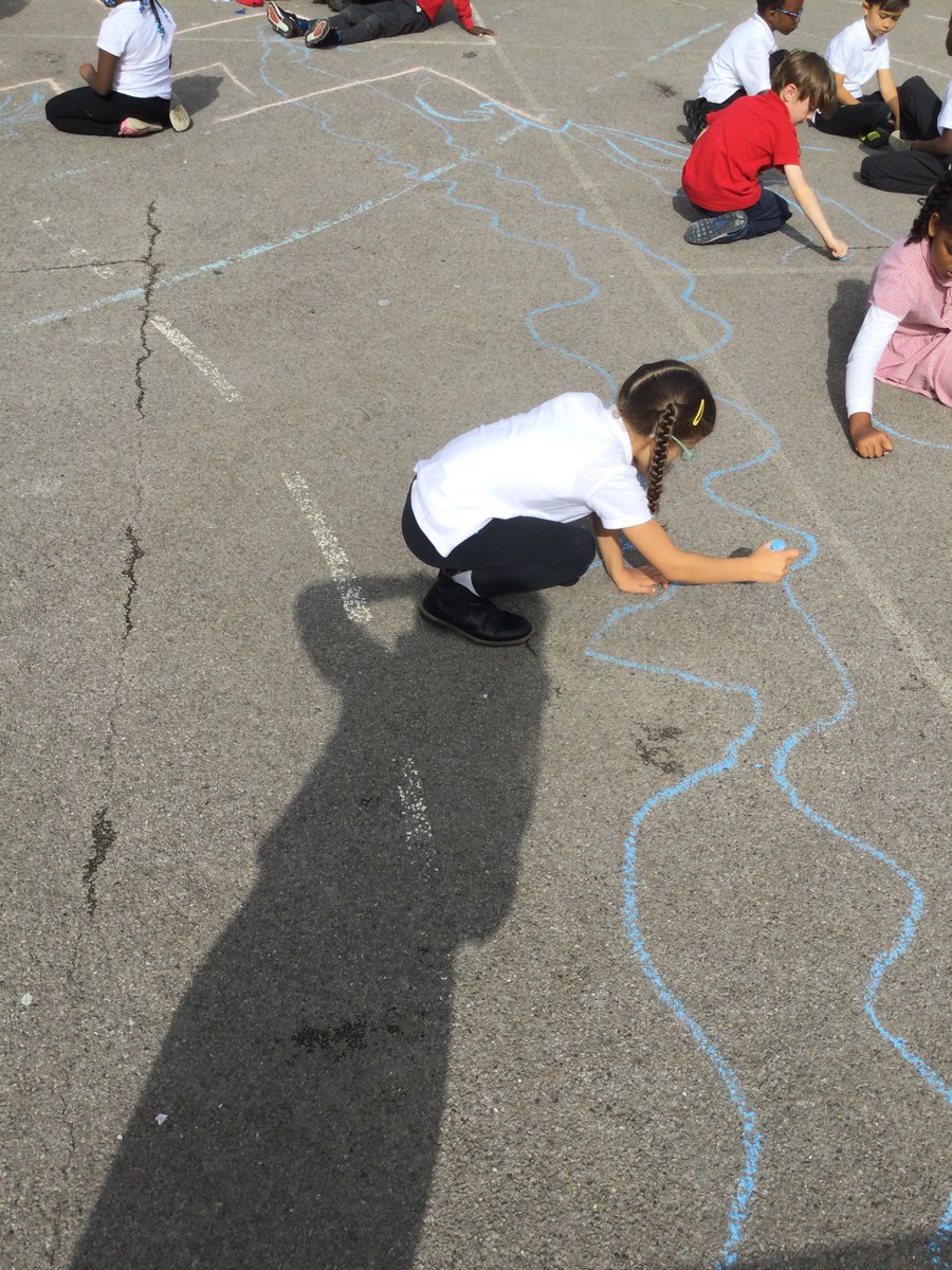 In year 3 and 4 we have been learning about rivers and created our own rivers in the playground. We then labelled the different features of a river including the source, mouth and meanders.