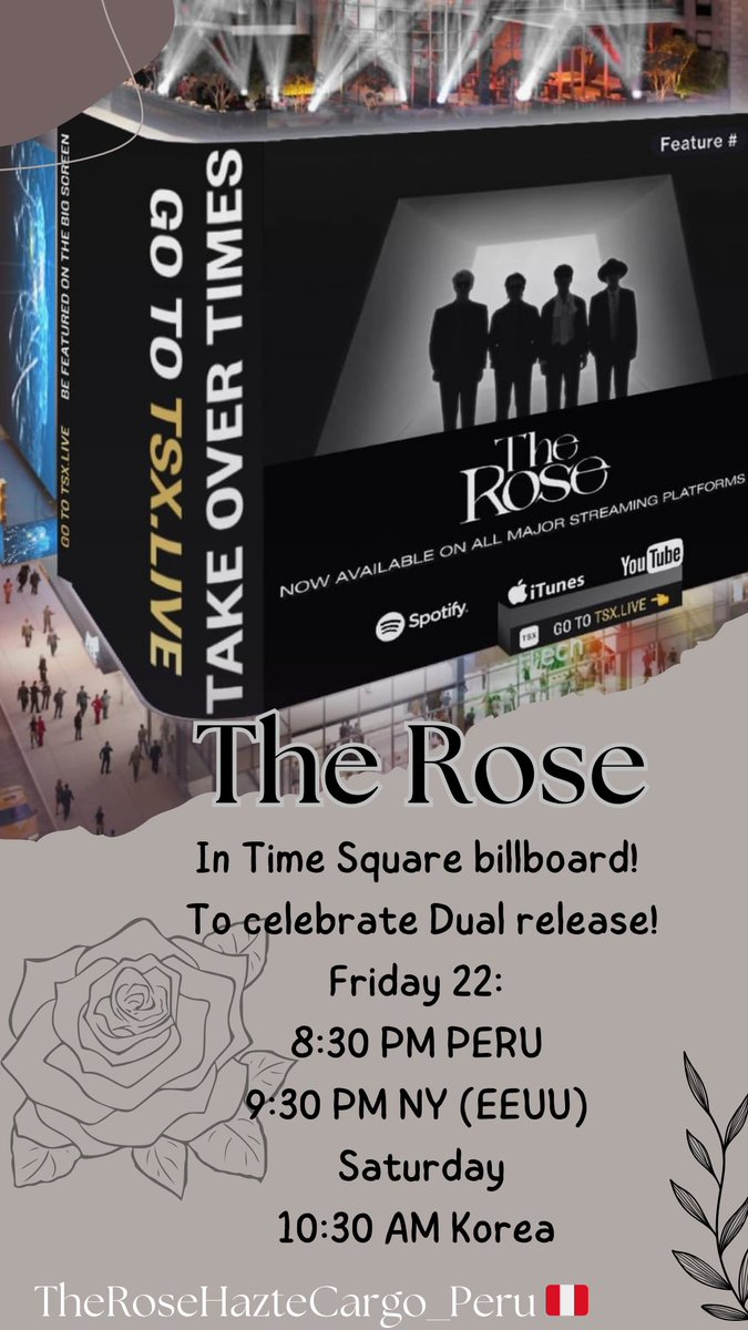 HazteCargo_R's tweet photo. Today today today!!!!! 
The Rose in Time Square part 2!!!! Lets celebrate DUAL release!!! 
#TheRose #TheRoseDUAL
#TheRose_in_TimeSquare
#TheRose_Peru
#DUAL 
@TheRose_0803 @woosungofficial @jaehyeong0011 @parclassic @hajoon_I https://t.co/K6q4LmvR5c
