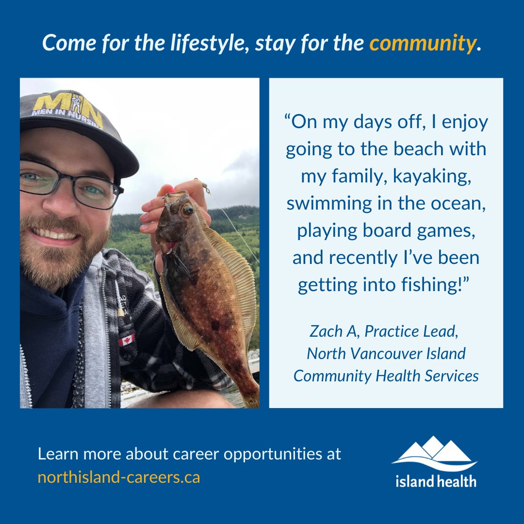 Island Health employees like Zachary enjoy North Vancouver Island's rural lifestyle because of the endless year-round outdoor activities. 

Northisland-careers.ca 

#GoNorthIsland #VancouverIsland #HealthcareJobs #IslandHealth #NurseLife #HelloBC #PortHardy #PortMcNeill