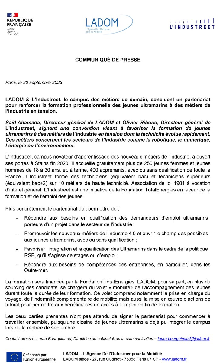 LadomOfficiel's tweet photo. @LADOM &amp; @lindustreet (Fondation @TotalEnergies_F), concluent un partenariat pour renforcer la formation pro des jeunes ultramarins à des métiers de l’industrie en tension. 12 jeunes ultramarins ont déjà intégré le campus en septembre. Découvrez le CP - https://t.co/5fPCLvwLqi https://t.co/TEvtBe2tGG
