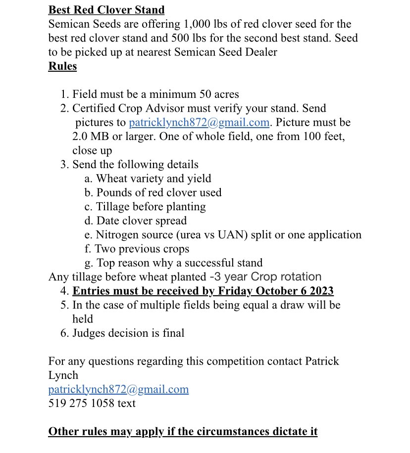 CCAOntario's tweet photo. COMPETITION ALERT!

Do you, or a grower you work with, have a great red clover stand this year?! 
FREE red clover seed is up for grabs for whoever has the best!
See below for details-Field must be verified by a #CCAOn !
Get your pics to @PatrickLynch13 by Oct 6th! 🍀 
#OntAg https://t.co/OrrGhNL29a