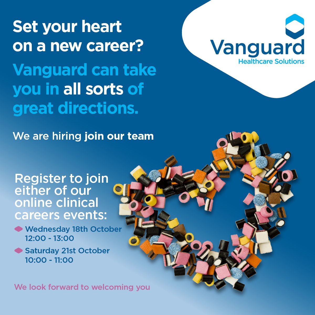 Heart set on a new clinical career? 💙 Vanguard Healthcare Solutions can take you in all sorts of great directions. Join one of our online events on Wed 18 Oct 12-1pm or Sat 21 Oct 10-11am! Find out more and sign up to attend here: vanguardhealthcare.co.uk/events/ #hiring #careers