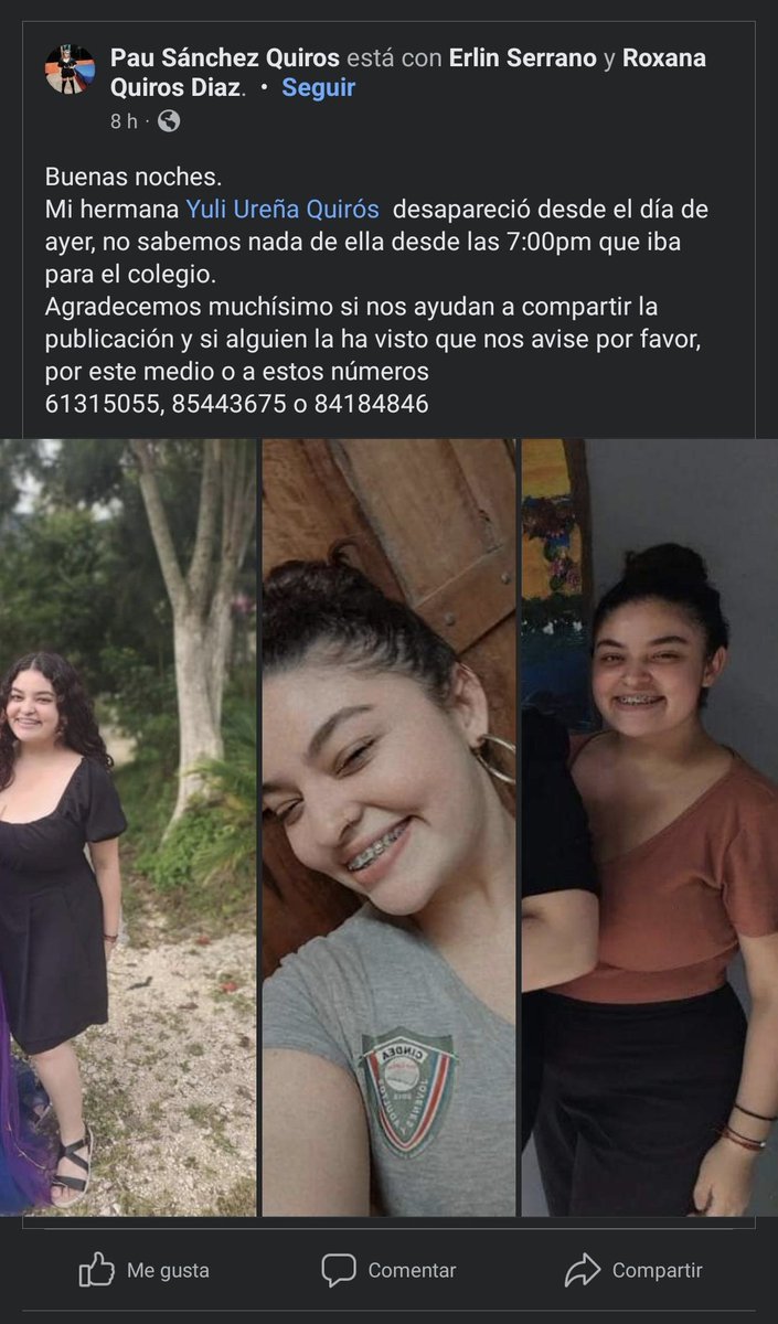 Hola! Twitter haz lo tuyo, ella es la prima de una de mis mejores amigas, esta desaparecida desde anoche, qué iba para el colegio y nunca llego, en San Carlos, por favor si pueden compartir y cualquier información sería de mucha ayuda, muchas gracias ❤️‍🩹🙏🏼