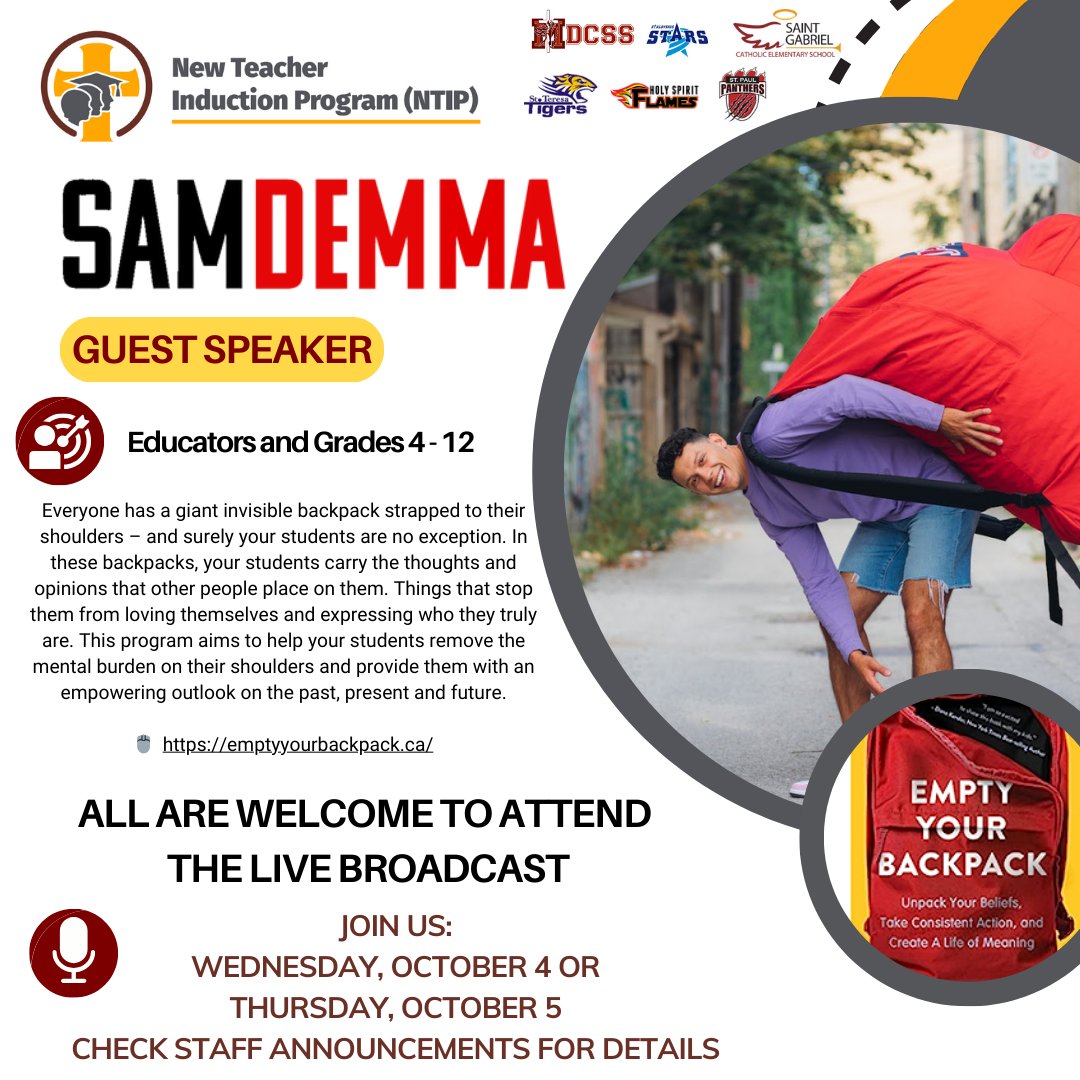 wcdsbNTIP's tweet image. 📅SAVE THE DATE📅
Join us for the #WCDSBAwesome Backpack Tour, a presentation that will transform lives &amp;amp; perspectives.

📣A MESSAGE OF HOPE, MENTAL HEALTH AND KINDNESS

Dates: Wed., Oct 4th &amp;amp; Thurs., Oct. 5th

More information can be found here👇
docs.google.com/document/d/1Zo…