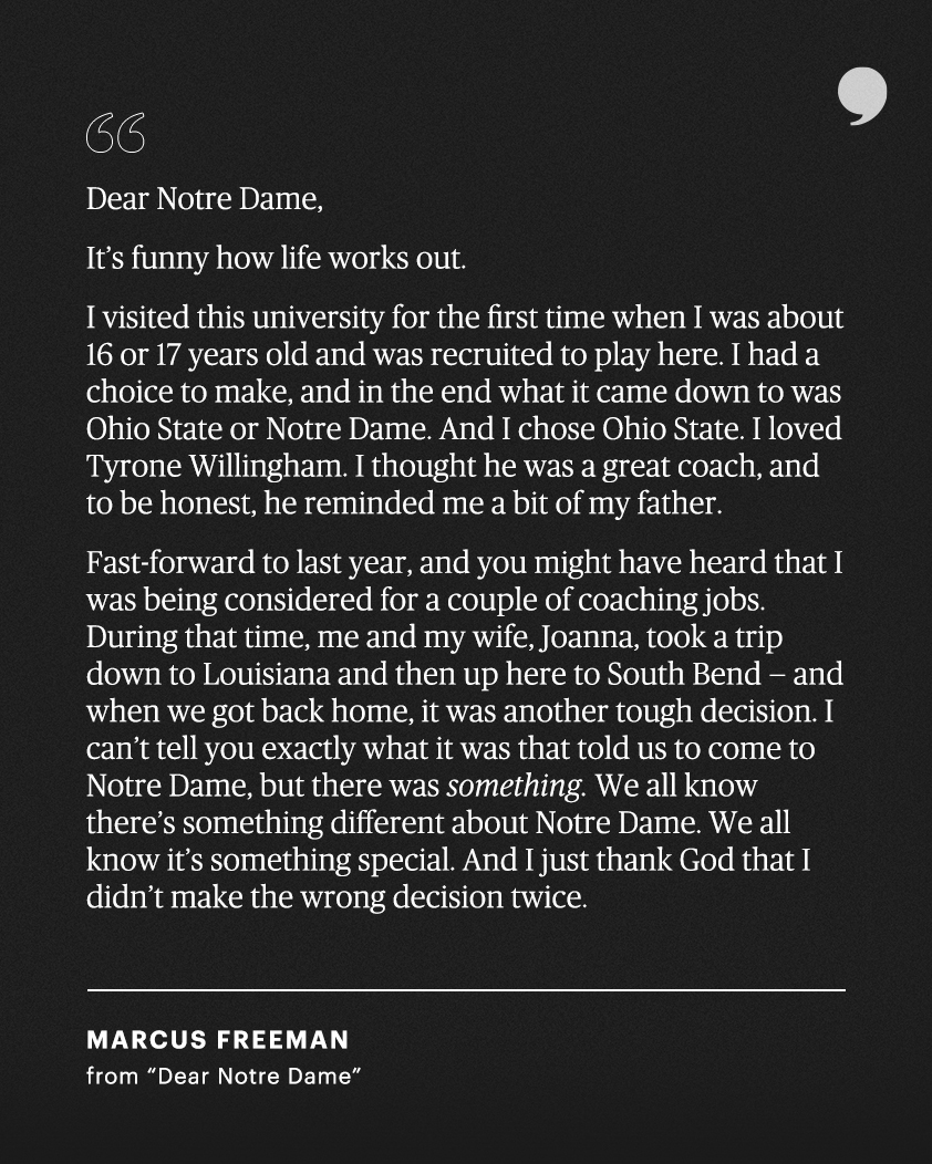 PlayersTribune's tweet image. In December 2021, @Marcus_Freeman1 penned a letter to @NDFootball. playerstribu.ne/Freeman