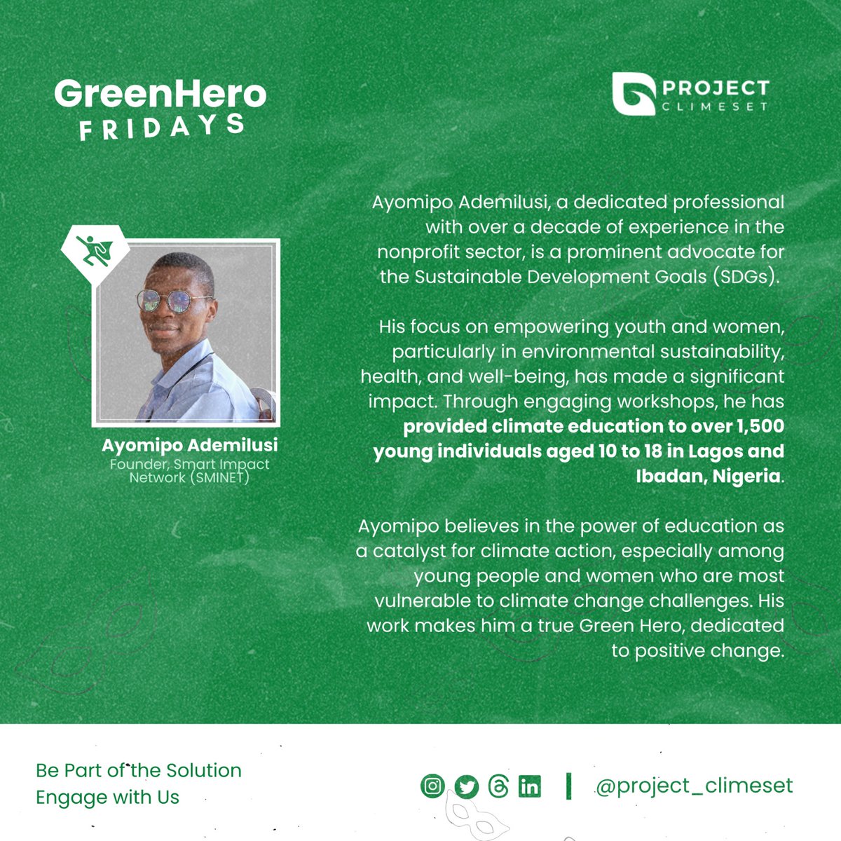 ProjectClimeset's tweet photo. Meet @aypres_mania, an SDG champion! π. With over a decade in nonprofits, he's on a mission to empower youth and women for a sustainable future through @smartimpactnet1.
Join us in applauding his dedication to a greener world. ππ
#GreenHero #ClimateActionNow #ProjectClimeset. https://t.co/5BhAcU05j0