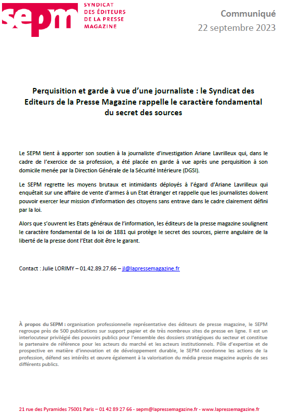 Perquisition et garde à vue d’une journaliste : le syndicat des Editeurs de la Presse Magazine rappelle le caractère fondamental du secret des sources