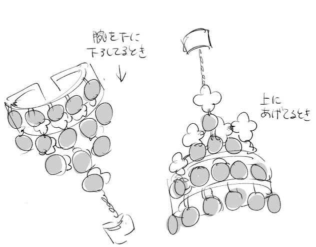 くんの左腕側の装飾、大体絵だと腕を下に向けてるのが多いから腕上げてる時の正解分からね～って思って似た商品ググって寄せてたけどlive2D確かめたら普通に⇒のようにコイン流れてた という絵 