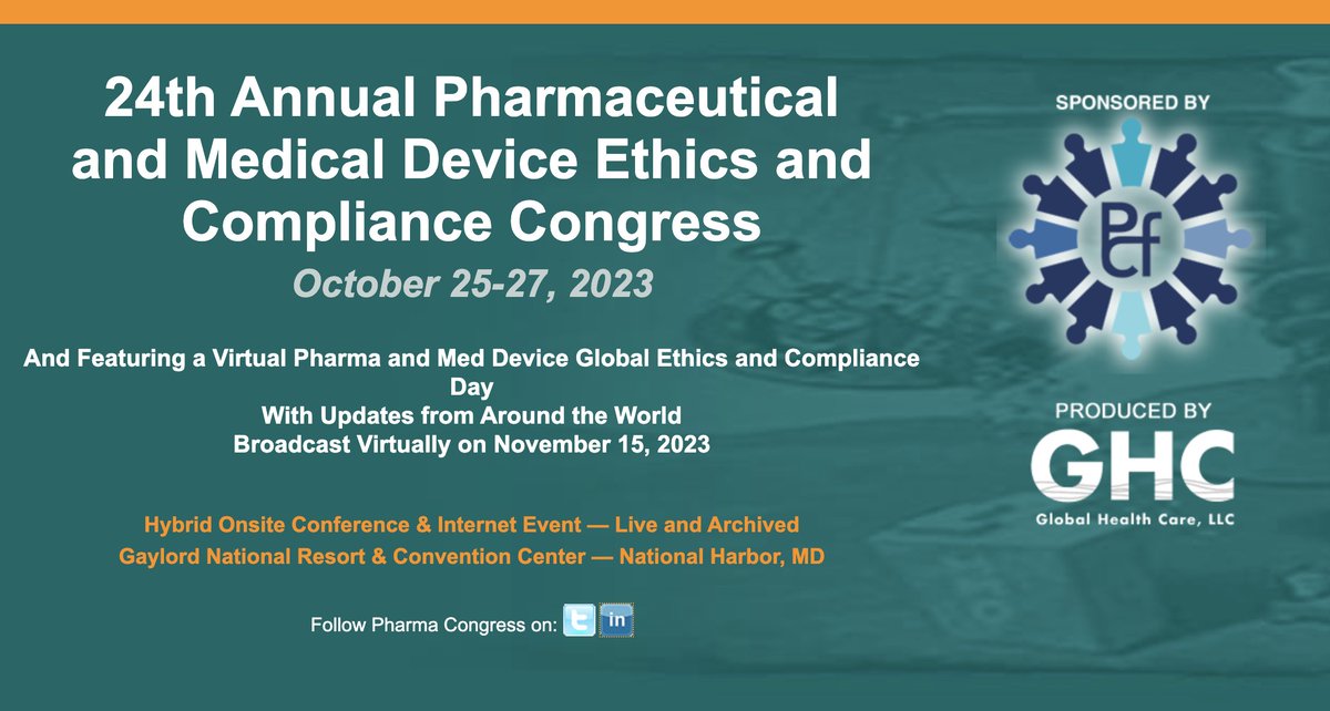 lextegrity's tweet photo. Are you attending the 24th Annual Pharmaceutical and Medical Device Ethics and Compliance Congress on October 25-27, 2023? If so, stop by our booth to say hello. Check out the website to learn more or to register: 
https://t.co/w2hz9pmMPA
#PharmaCongress #compliance https://t.co/LvZXzvRu9h