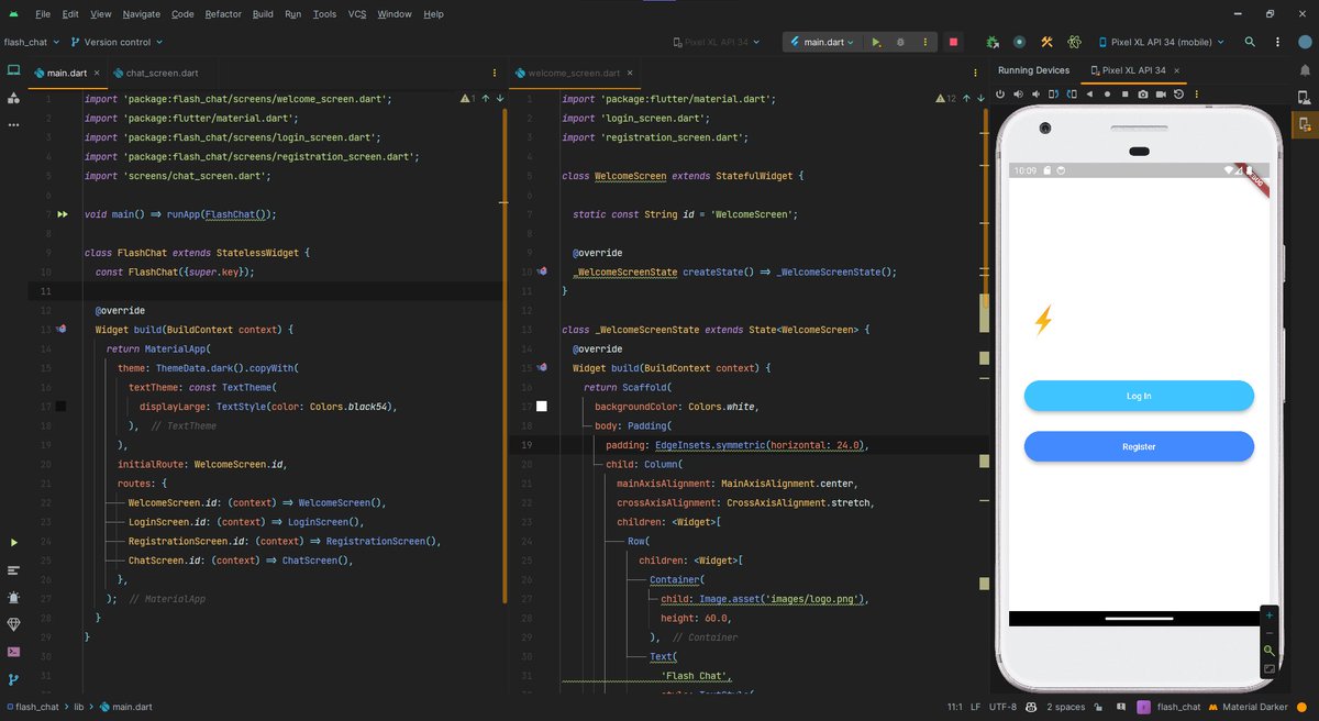 A_Harsh97's tweet photo. #100DaysOfCode Day 39 🚀

Today I've started developing chatting app named Flash Chat. 
For this app, I have created linked initial screen and while creating navigation for them I learned about 'static' keyword of Dart. https://t.co/MVcJbrnPRt