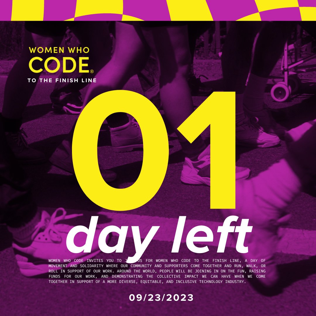 WomenWhoCode's tweet image. ⌛ It's time!
Walk, run, or roll 1 mile/1.6 km to close the gender gap and empower diverse technologists to excel in tech.
Donate now and prepare to get moving - justgiving.com/campaign/wwcod…
#WWCodeForEquity
#WWCode
#WomenInTech