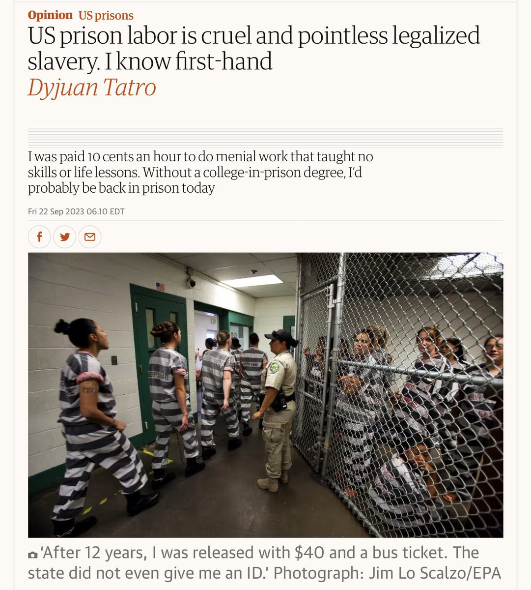 US prison labor is cruel and pointless legalized slavery. I know first-hand. “Prisons are designed to warehouse, traumatize and exploit people, then send them back home in worse shape than when they entered the system.” My latest for the @guardiannews. #EndTheException