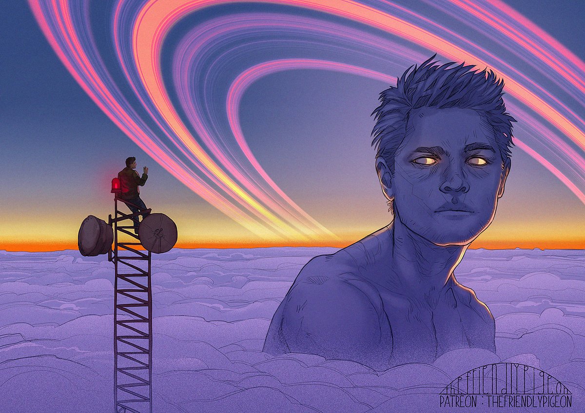 _FriendlyPigeon's tweet photo. Annoying awkward small human boyfriend climbed the giant radio tower to meet his angel 🥺

Another giant!Cas artwork, yay!

Prints are available here: https://t.co/yn10prOviZ https://t.co/bx0CRAnAHZ