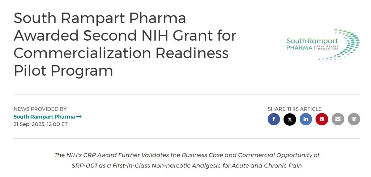 Great to see <a href="/SR_Pharma/">SouthRampartPharma</a> continuing to receive recognition and support to bring their innovate pain relief solution to market! We are proud to have Dr. Hernan Bazan as one of the amazing physicians and innovators at <a href="/OchsnerHealth/">Ochsner Health</a> prnewswire.com/news-releases/…
