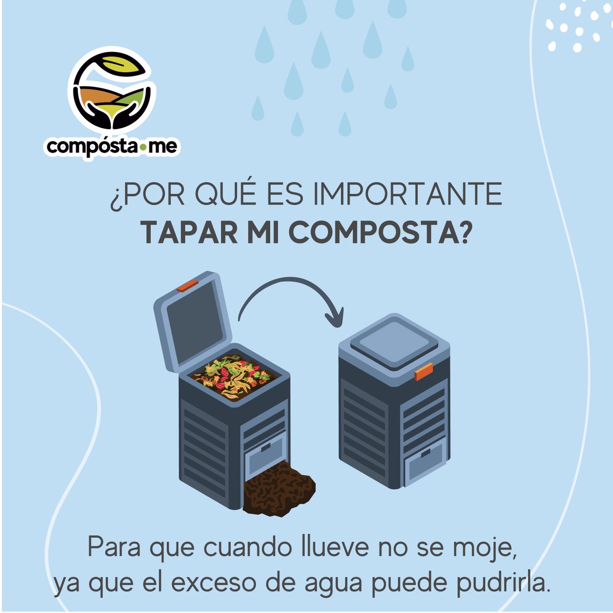 Composta_me's tweet photo. Para que el proceso de tu composta se cumpla, deberá tener el equilibrio perfecto de humedad, por eso es importante mantenerla cubierta. 💦🌿 https://t.co/1qZv4FhCir
