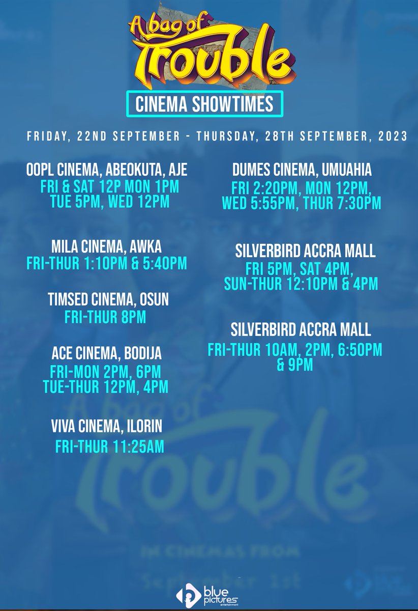 🚨 #Newschedulealert 🚨

Running from Friday, 22nd September - Thursday, 28th September

Watch #abagoftrouble in cinemas around you.

Watch out in cinemas near you

#anticipate #comedy #Abagoftroublethemovie #scene
#MovieMagic #bluepicturesfamily