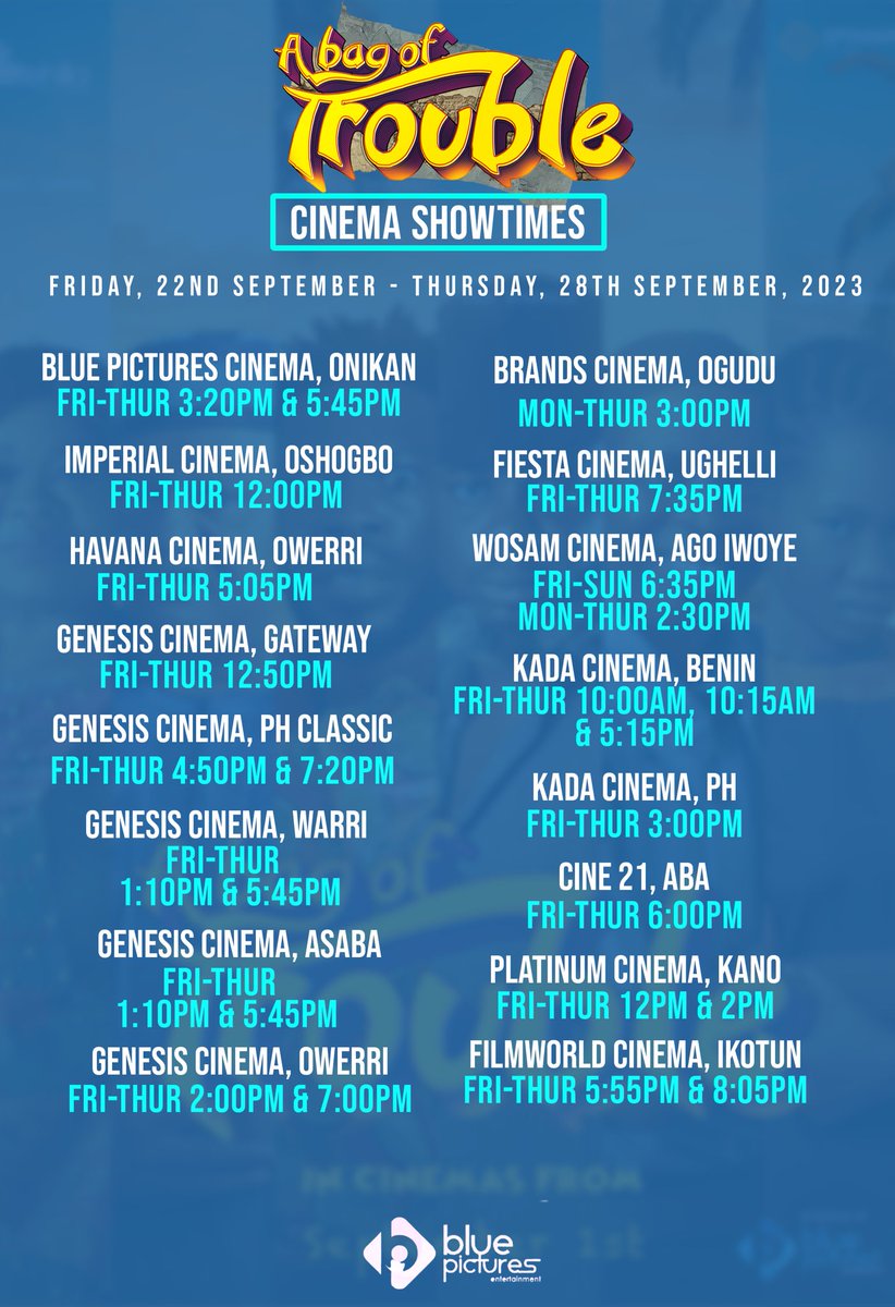 BPFilmdistrib's tweet photo. 🚨 #Newschedulealert 🚨

Running from Friday, 22nd September - Thursday, 28th September

Watch #abagoftrouble in cinemas around you.

Watch out in cinemas near you

#anticipate #comedy #Abagoftroublethemovie #scene
#MovieMagic #bluepicturesfamily https://t.co/PyOK8TZkaq