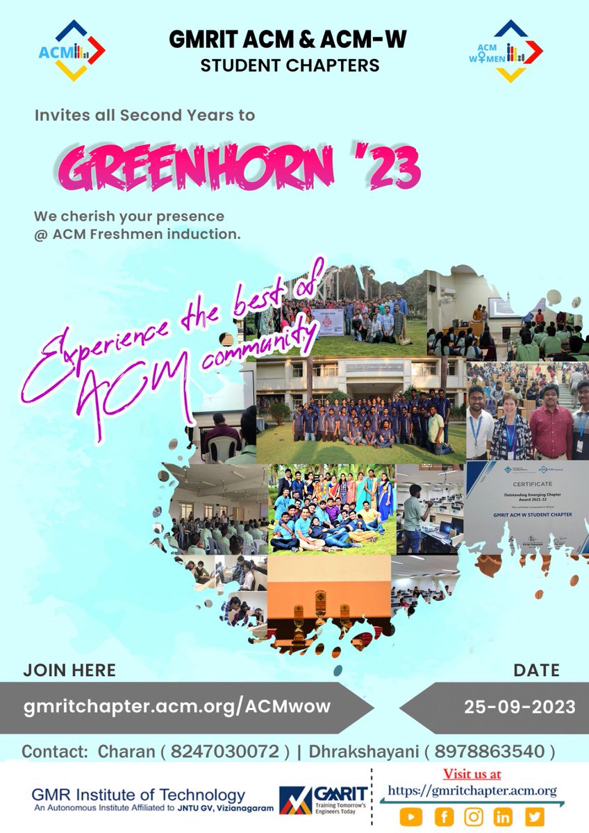 Benjour Juveniles🤩

We welcome your presence in ACM WOW💫

ACM, ACM-W GMRIT is up for you with a *⭐ GREENHORN '23 ⭐*

🔗Only limited registrations⬇️
gmritchapter.acm.org/ACMwow/
📍Venue :- CDC Seminar hall, BLOCK-4
🗓️Date :- 25 Sept 2023
⏰Timings :- 3:00pm - 5:00pm