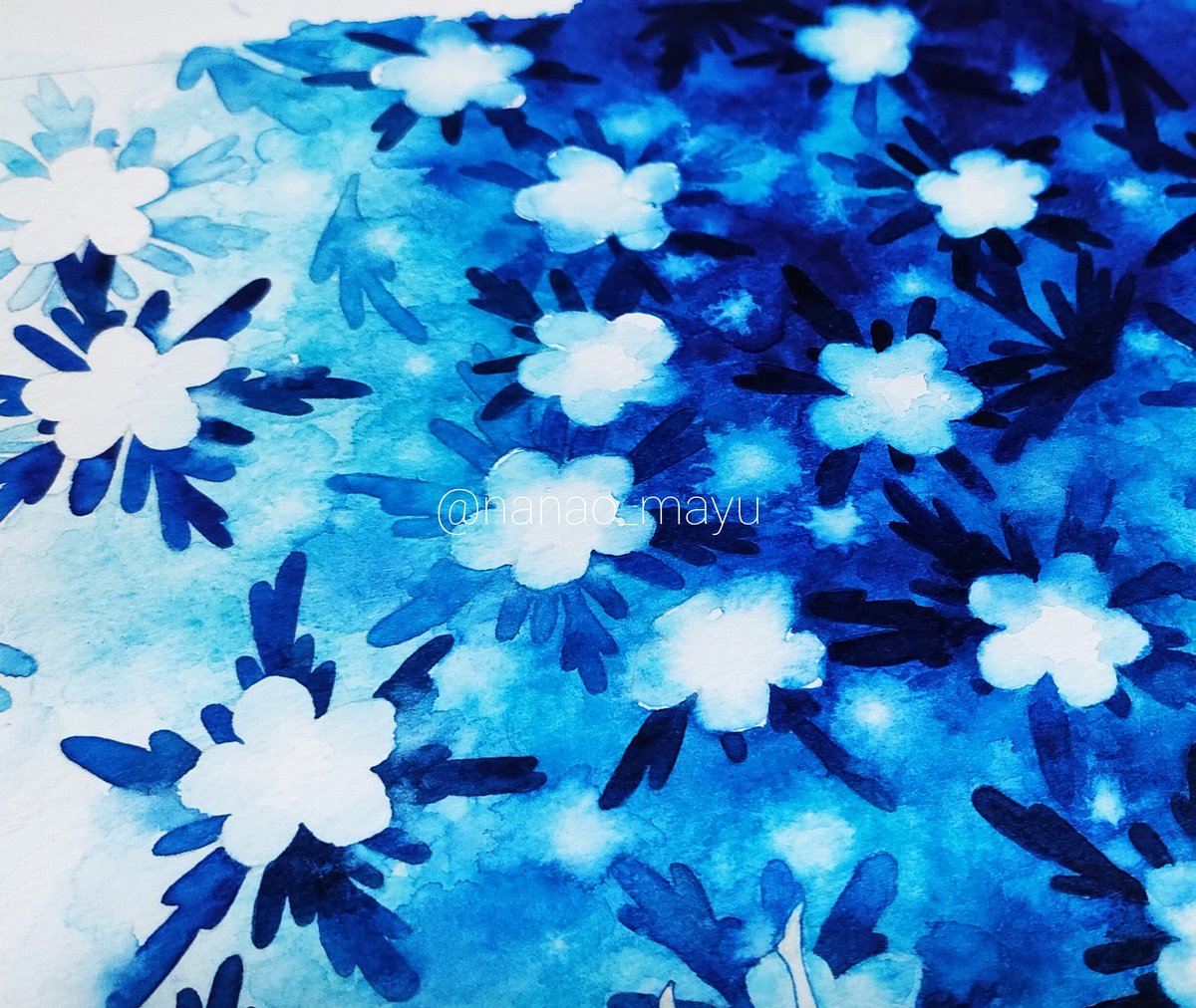 no humans blue theme flower traditional media artist name blue background painting (medium)  illustration images