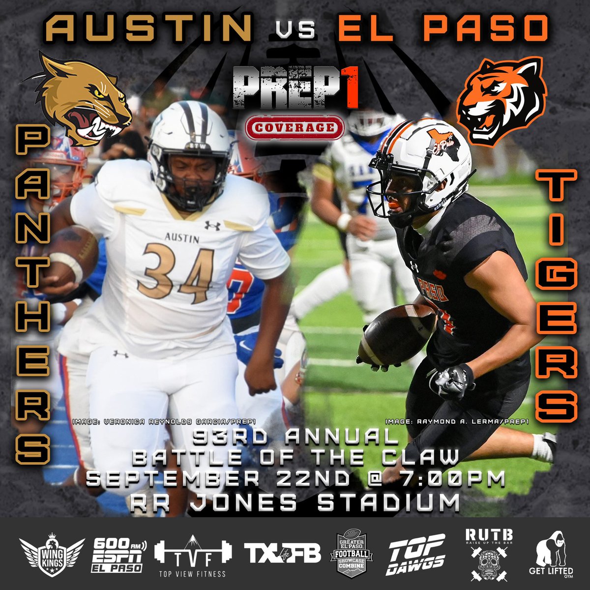 ⚡️#PREP1 ➲ West Texas
🏈 𝙂𝙖𝙢𝙚𝘿𝙖𝙮 𝘾𝙤𝙫𝙚𝙧𝙖𝙜𝙚 • 09.22.23
#TXHSFB “𝕃𝕀𝕍𝔼” 7:00pm MST 

Austin Panthers 
🆅🆂 El Paso HS Tigers

[◉”] ➲ <a href="/veronicaeve915/">veronica reynolds garcia</a> 
[◉”] ➲ <a href="/rudy1338/">rudy davila</a>
[◉”] ➲ <a href="/RALPhotography_/">Raymond A. Lerma Photography</a> 
#915Showcase | #FFN600 | 
#TXHSFBLife | #TopDawgs