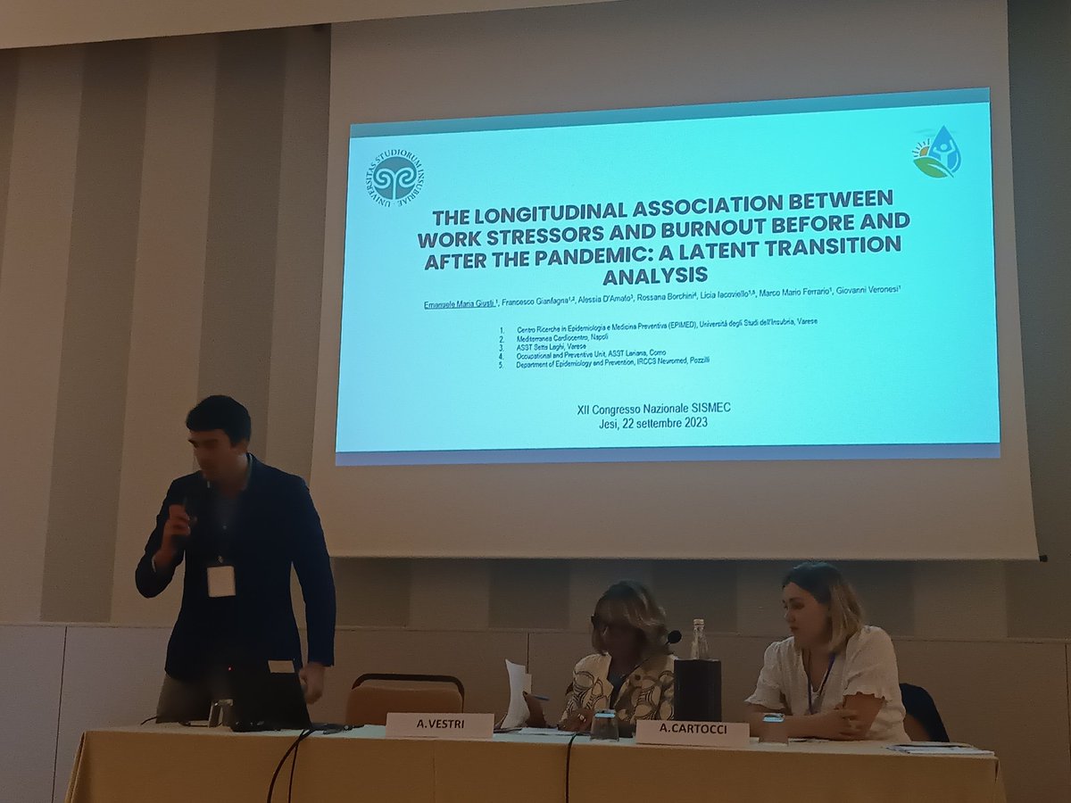 Great talk by <a href="/EmanueleGiusti3/">Emanuele Giusti</a> at the XII #sismec Congress on perceived #workstress and #burnout in #nurses using LTA modelling! 👏👏👏 #MentalHealthMatters  <a href="/Uni_Insubria/">Uninsubria</a>