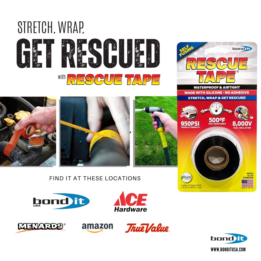 Stretch, wrap, and get rescued!! That's all it takes to use RESCUE TAPE. Shop for it at BOND IT USA. #rescuetape #siliconetape #DIY #buildingproducts #leakingpipes  #buildingchemicals #preventsleaks #automotive #Sealants #sealingproducts #build #electricians #infiniteuses
123w