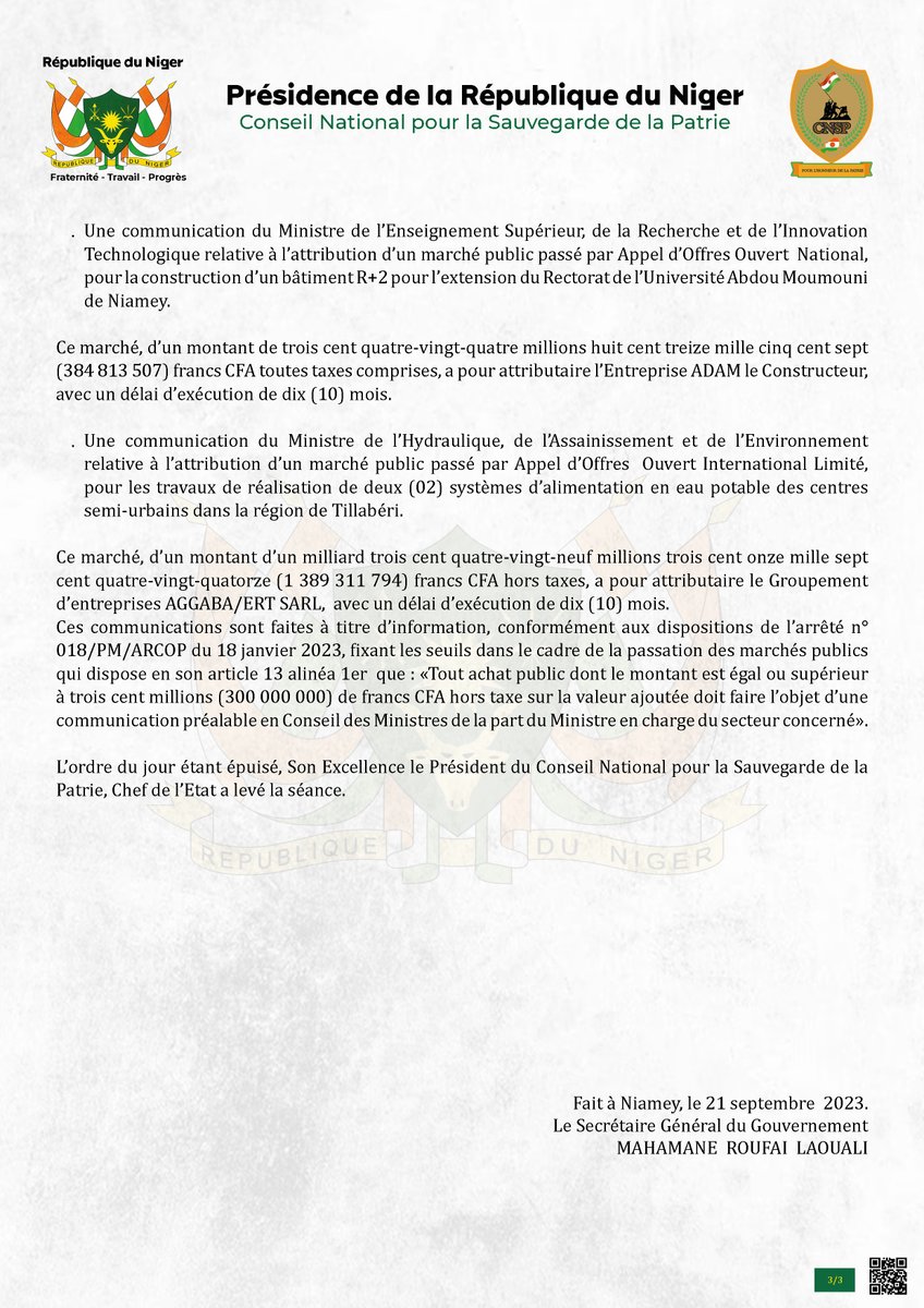 🟢Communiqué du conseil des Ministres de ce jeudi 21 septembre 2023, sous la présidence de Son Excellence, le Général de Brigade ABDOURAHAMANE TIANI, Président du Conseil National pour la Sauvegarde de la Patrie, Chef de l’État, Président du Conseil des Ministres.