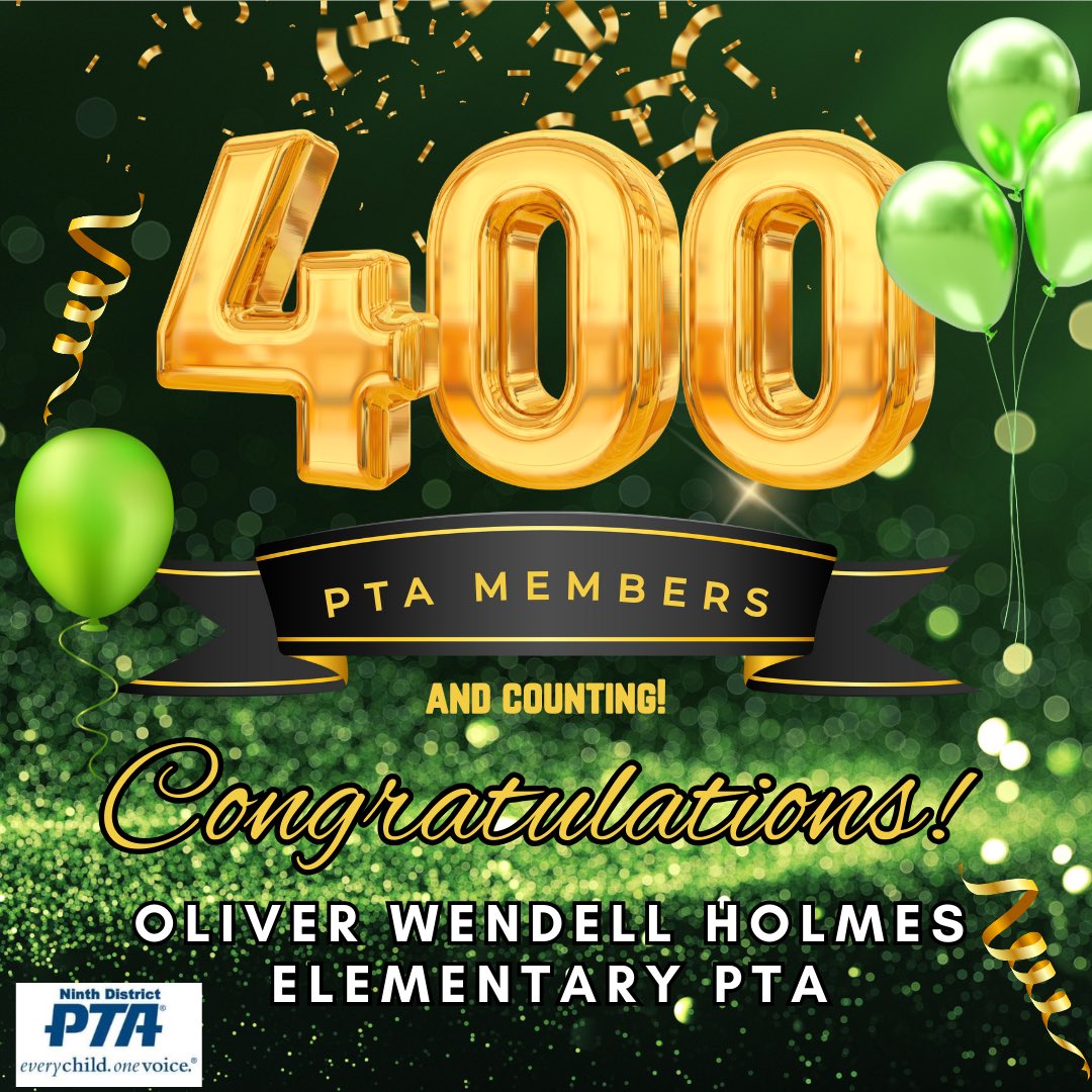 🎉🎈Congratulations to Oliver Wendell Holmes Elementary PTA for reaching 4️⃣0️⃣0️⃣➕ PTA members! 🎈🎉 What an accomplishment! Your membership is growing stronger every day because of your efforts. Keep up the great work.
#PTA4kids #PTAforyourchild #9thdistrict #membershipgoals
