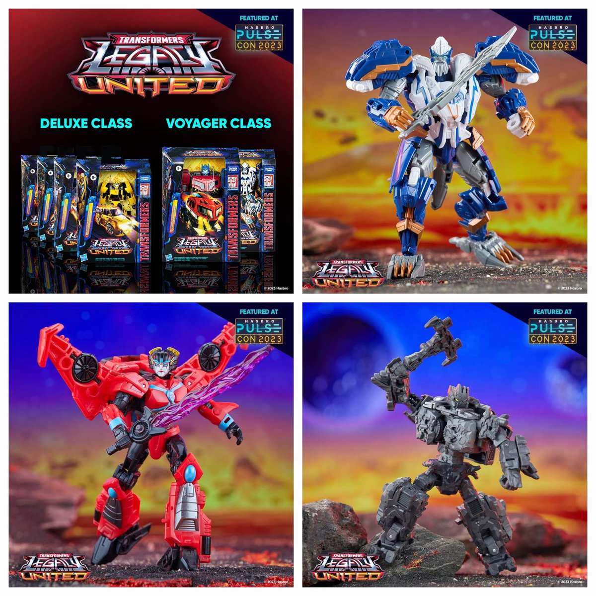 TFShowUK's tweet image. Just revealed at #HasbroPulseCon.
Bumblebee, Rescue Bots Autobot Chase, Infernac Universe Magneous, Windblade, Thundertron, Optimus Prime, Core Bouldercrash, Energon Megatron, and Beast Wars II Universe Tasmania Kid! #Transformers