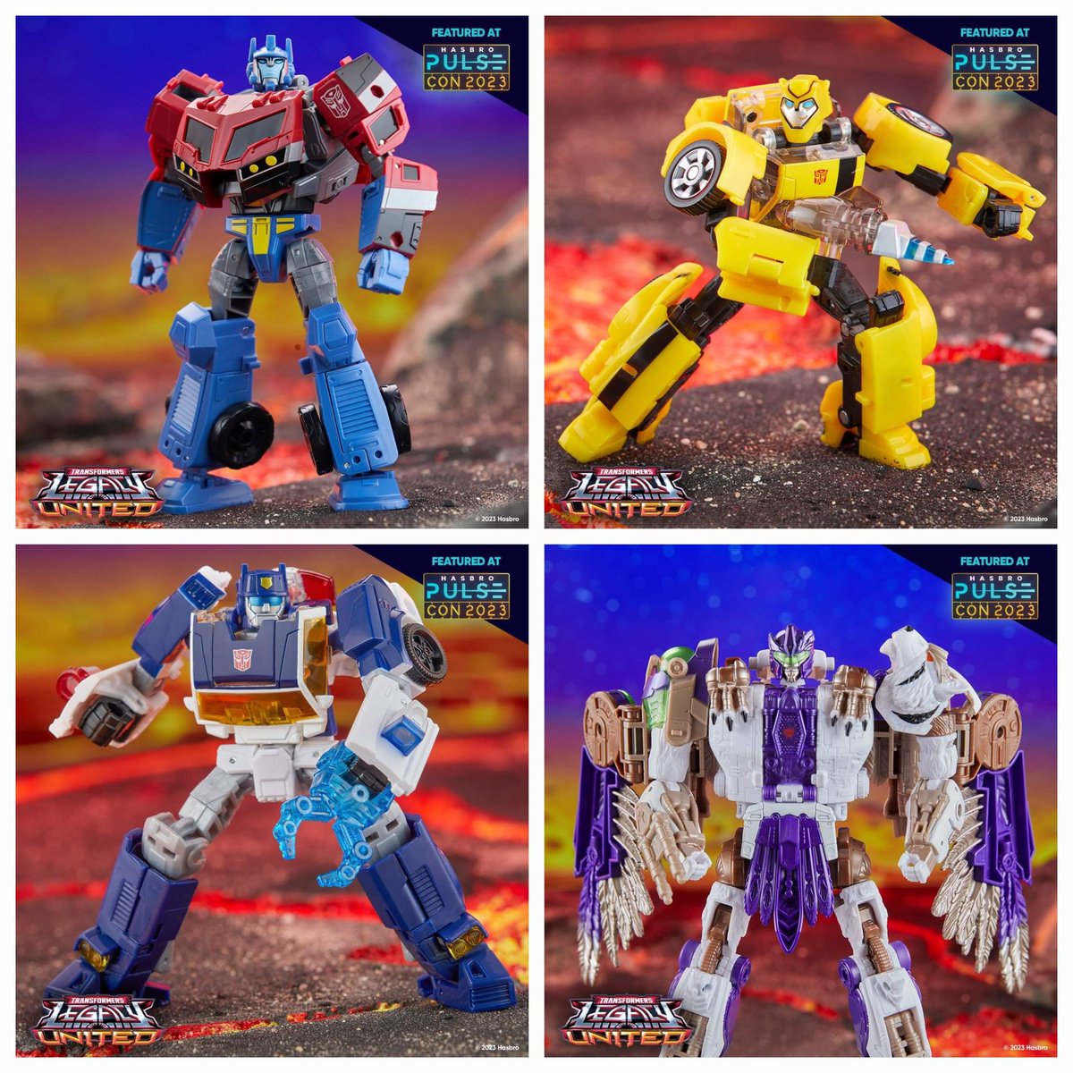 TFShowUK's tweet image. Just revealed at #HasbroPulseCon.
Bumblebee, Rescue Bots Autobot Chase, Infernac Universe Magneous, Windblade, Thundertron, Optimus Prime, Core Bouldercrash, Energon Megatron, and Beast Wars II Universe Tasmania Kid! #Transformers
