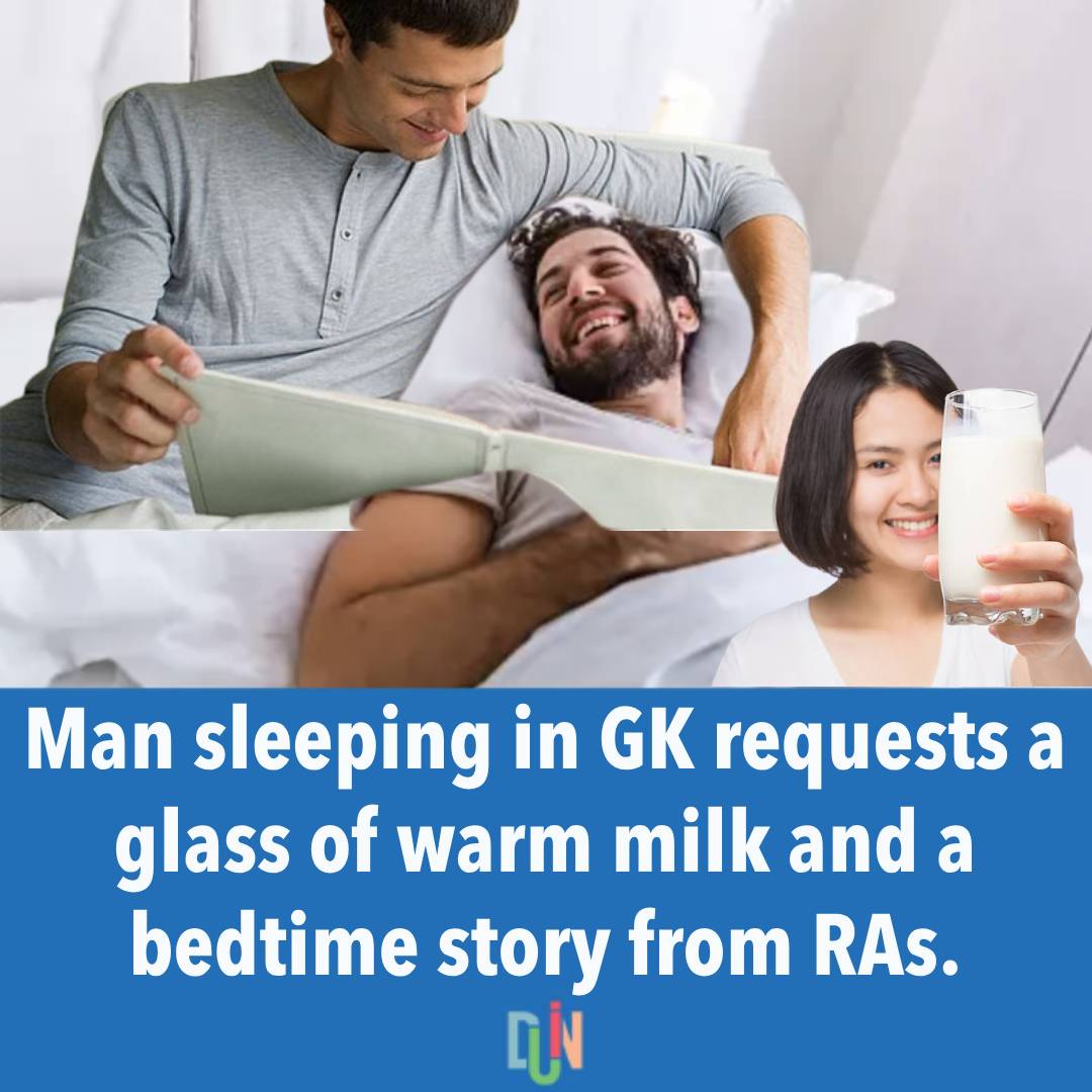 DrakeDuin's tweet photo. Man sleeping in GK requests a glass of warm milk and a bedtime story from RAs. https://t.co/vwa14RrUXD
