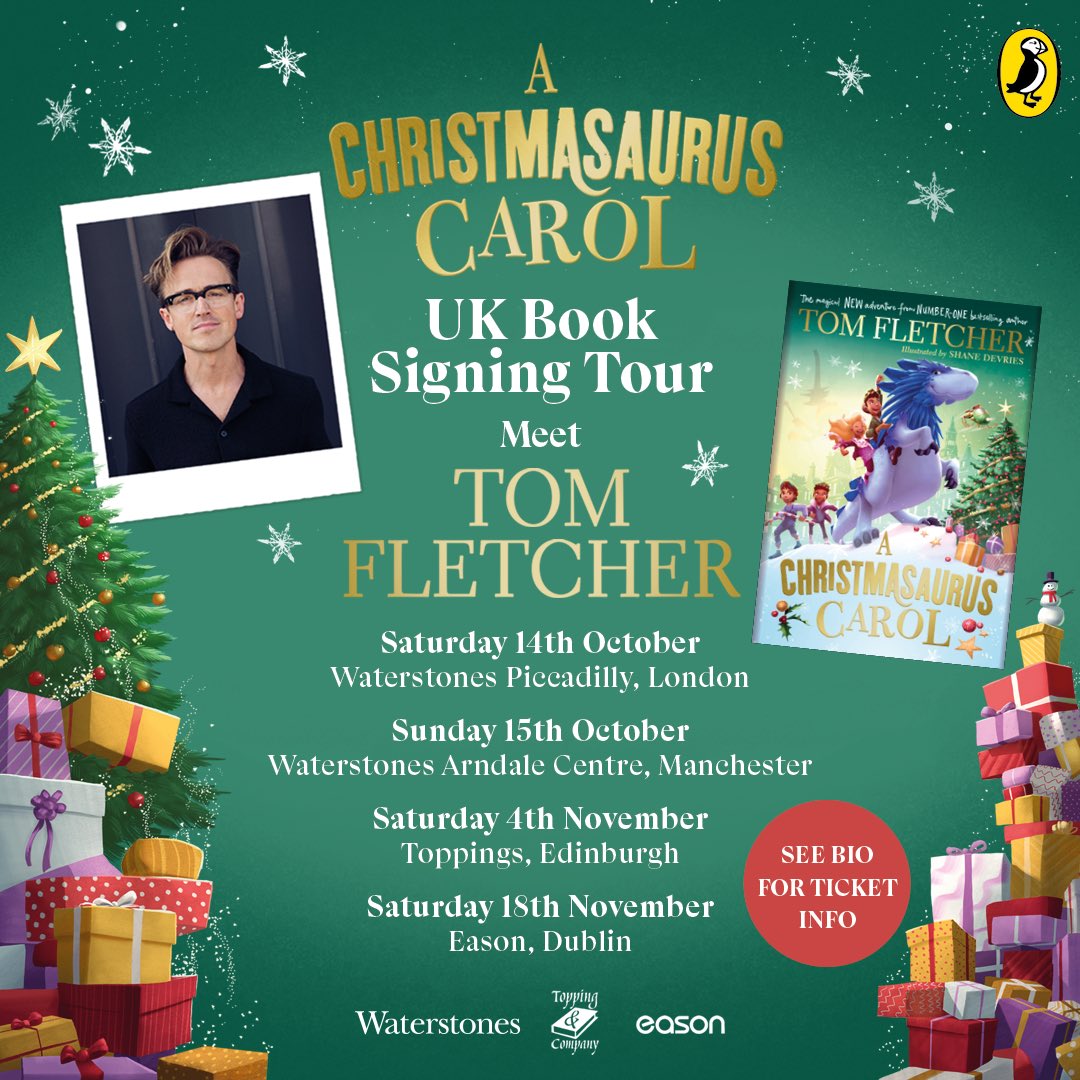 TomFletcher's tweet image. I’m excited to announce that I’ll be spreading some Christmas cheer across the UK later this year, signing copies of my brand new book A Christmasaurus Carol! 🎄 Full details: linktr.ee/tomfletcher