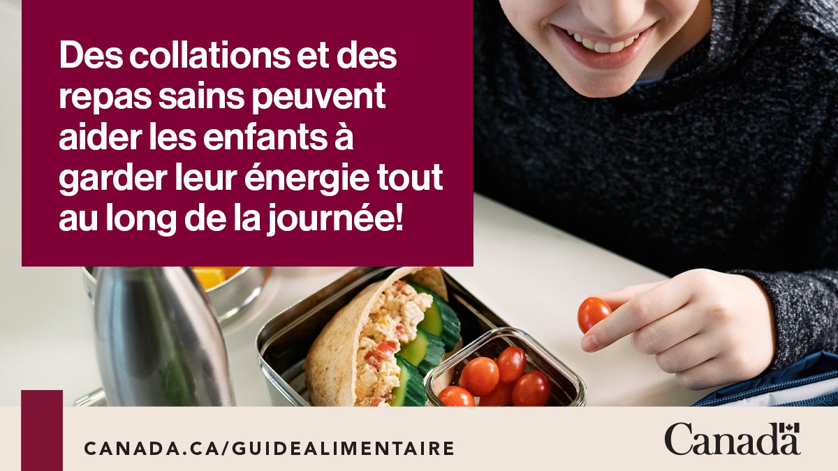 Santé Canada et l’ASPC (@gouvcansante) on Twitter photo Les collations et les repas sains sont importants. Ils fournissent aux enfants l’énergie et les nutriments qu’il leur faut pour passer la journée.
Conseils de préparation de repas et de collations pour l’école: ow.ly/fx9J50PMK1t
#GuideAlimentaire #CultureSci <a href="/SCultureSci/">Semaine de la culture scientifique</a> Les collations et les repas sains sont importants. Ils fournissent aux enfants l’énergie et les nutriments qu’il leur faut pour passer la journée.
Conseils de préparation de repas et de collations pour l’école: ow.ly/fx9J50PMK1t
#GuideAlimentaire #CultureSci <a href="/SCultureSci/">Semaine de la culture scientifique</a>