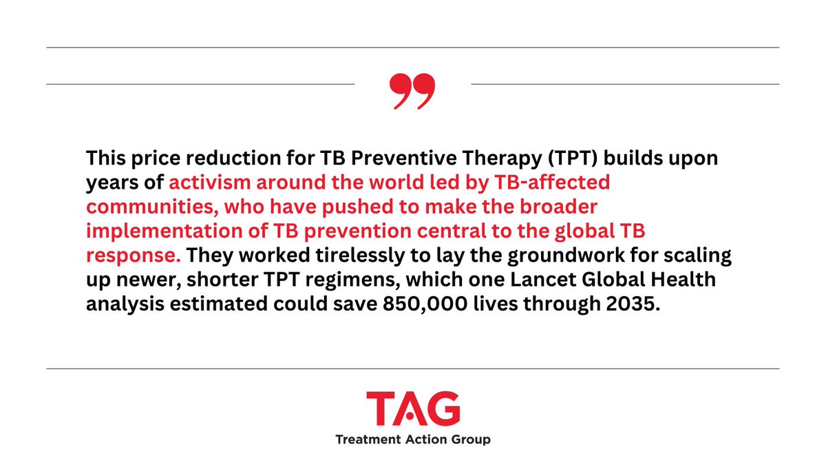 We applaud news from <a href="/USAID/">USAID</a> + <a href="/PEPFAR/">PEPFAR</a> that they have secured a 30% price cut for TB Preventive Therapy (TPT) and are committing $25 million to provide 3HP to 2.5 million people  - a major step toward longtime TB community aims. 

Our statement: treatmentactiongroup.org/statement/tag-…