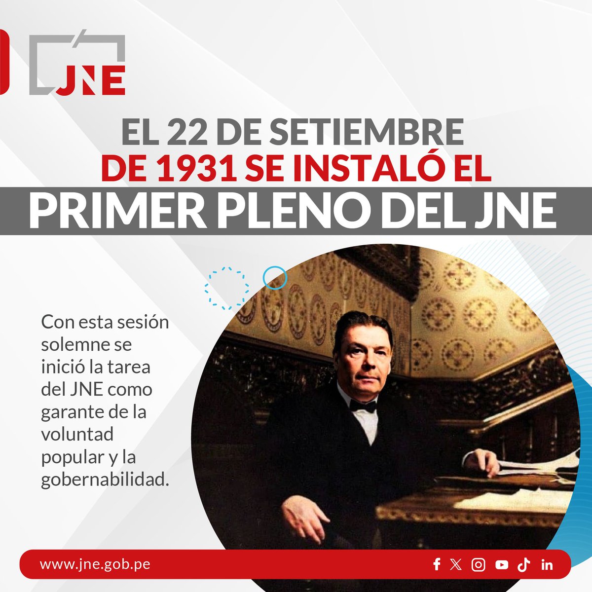 #HitoDemocrático | El 22 de setiembre de 1931 se instaló el primer Pleno del Jurado Nacional de Elecciones.

La sesión estuvo presidida por Ernesto Araujo Álvarez, en presencia de representantes de las universidades de Arequipa, Cusco y Trujillo y de los Jurados Departamentales.